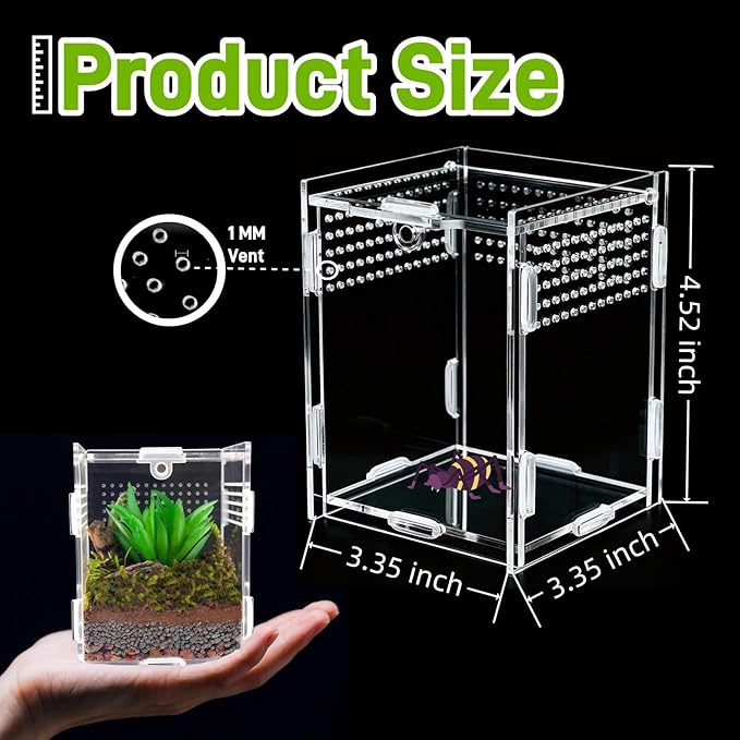 Acrylic Jumping Spider Enclosure with Magnetic Top & Escape-Proof Vents - Small Critter Keeper 4.5x3.3x3.3 Inch for Hermit Crab Frog Tarantula Mantis - Reptile Tank Habitat High Clarity Terrarium