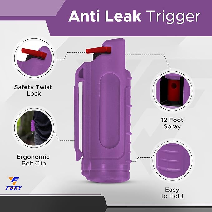 FURY Hardshell Pepper Spray - 12Ft Range, Max Strength, UV Dye Identifier, Anti-Leak & Anti-Misfire, Slidetop Trigger, Belt Clip & Key Ring, Multiple Color Options, Self-Defense Spray
