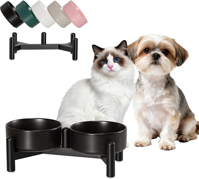 Raised Ceramic Dog Bowl Set with Stand, 1.6 Cups Elevated Dog Food Stand | 5.1'' Double Dog Food and Water Bowl Set, Non-Slip Dog Feeding Dishes for Small Breeds and Cats, 10.8 OZ, Black