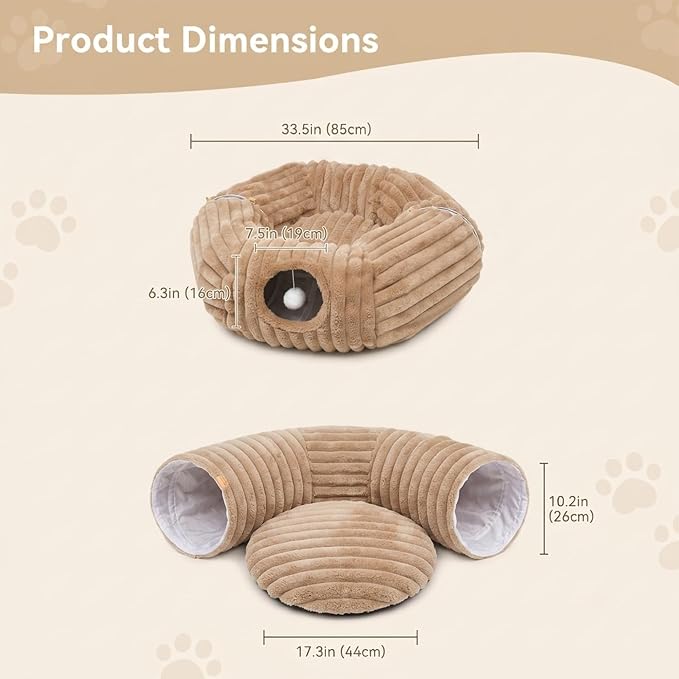 Dogpals Cat Tunnel Bed Cave 33" Lx10 Wx10 H for Indoor Cats(Khaki) | Washable Cozy Cushion, Soft Striped Plush Fabric, Hideaway Peekaboo Cave for Kittens, Puppies, Rabbits & Small Pets