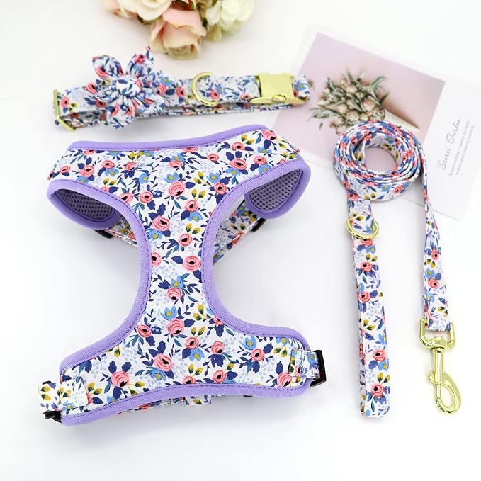 Beirui Cute Dog Collars,Harnesses,Leashes Set, Floral Pattern, Blue,M | Girl Dog Harness Set with Flower, Adjustable and Soft Mesh Lining, For Medium Dogs Daily Walks