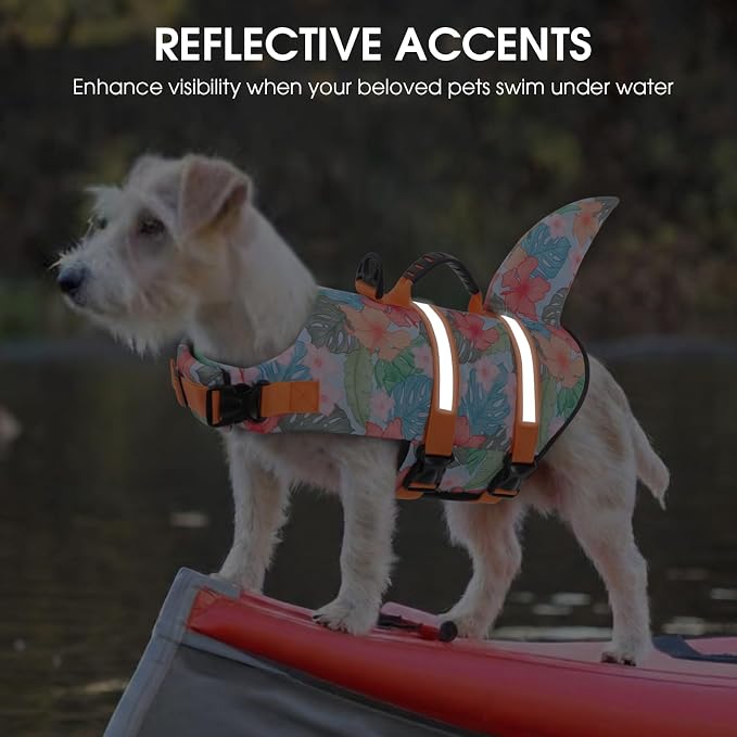 Dog Life Jacket High Flotation, Reflective Dog Life Vest for Swimming, Adjustable Dogs Life Preserver Rescue Handle Spring Summer Pool for Small, Medium, Large Dogs (HawaiiOrange,M)