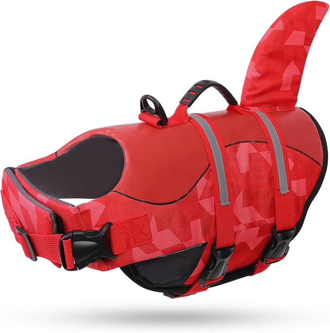 Shark Dog Life Jacket, LifeVests for Boating, High Buoyant Dog Life Vest for Swimming, Adjustable Easy On Pet Jackets for Small, Medium, Large Dogs (Red Triangle,XXL)