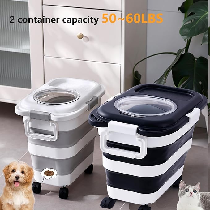 SEWIU 2pack 25 lbs Dog Food Storage Container,Collapsible Dog Food Container with Scoop,Pet/Dog/Cat/Bird Food/Cat litter Storage Containers to Keep Dry,Easy to Move.(Black+white)