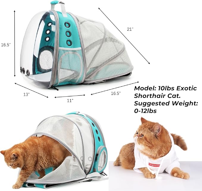 Cat Carrier Backpack, Expandable Bubble Pet Carrier for Cats and Small Dogs, Airline Approved Travel Backpack for Hiking, Walking & Outdoor Adventures - Supports up to 14 lbs
