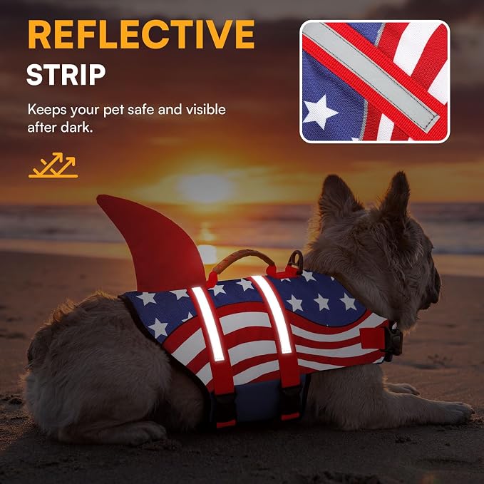 Shark Dog Life Vest for Swimming, Pet Life Vests for Boating, High Buoyant DogLife Jacket, Ripstop High Flotation Swimsui for Small, Medium, Large Dogs (USA Flag,M)