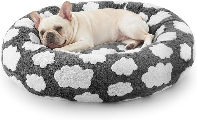 JOEJOY Jacquard Donut Round Small Dog Beds,Grey 23x23x8in, Removable Washable Cover, Cute Pattern, Ultra Soft Fluffy Calming Pet Bed with Thick Supportive Bolster