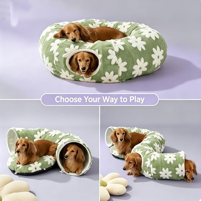 2026 New Tunnel Bed for Dachshund Dog,Dachshund Tunnel Bed - Flower Design Plush Foldable Dog Bed,Cat TunnelBed for Indoor Cats Tunnel Donut with Cushion and Play Ball,2 in 1,Detachable (A)