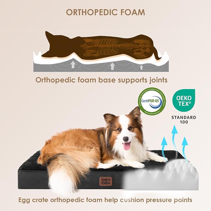 EHEYCIGA Orthopedic Dog Bed Large with Removable Washable Cover, 35IN Black | Egg Crate Foam Support, Durable Oxford fabric, Non-Slip Bottom, Machine Washable, Soft Waterproof Plush Pet Bed Mat For Crate