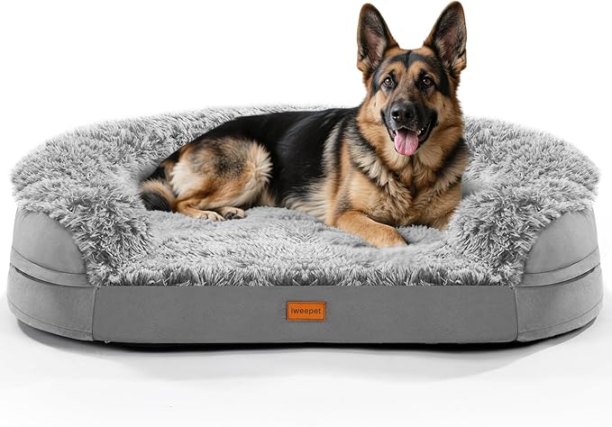 iweepet Fluffy Calming Jumbo Orthopedic Dog Beds for Extra Large Dogs, Supportive Dog Sofa Bed with 3.7 inch 28D Egg-Crate Foam, Removable Washable Plush Cover, Waterproof Lining, 48’’,Grey