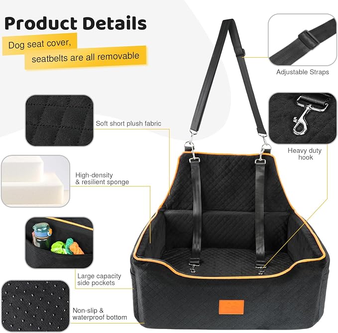 XIEEAOZEE Dog Car Seat for Large/Medium Dog, Booster Seat for Dogs Under 55Lbs or 2 Small, Detachable and Washable Travel Pet Seat with Thick Cushion and Storage Pockets (Black)
