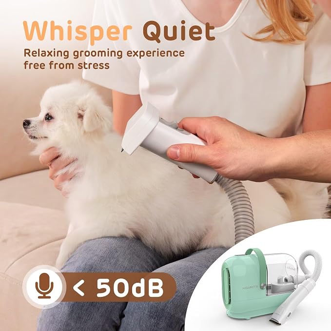 HEAPETS Dog Grooming Vacuum Kit - 3L Vacuum with 7 Tools, Low Noise Electric Clipper and Brush for Pet Shedding at Home, Green