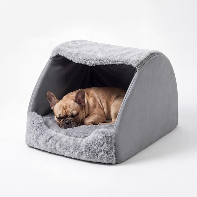 LATIBELL Indoor Puppy House Foldable Pet Tent Cave Bed ，Gray | Foldable Indoor Dog House With Removable Washable Soft Cushion, Covered Cave For Small Puppy