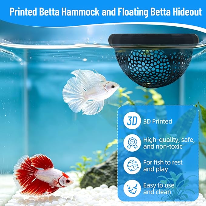 Floating Betta Hide Shrimp Cave, Multi Functional Betta Fish Hammock and Feeding Rings, Provide Safe Resting Places for Bettas, Shrimp and Small Fish, PLA Material (Black)