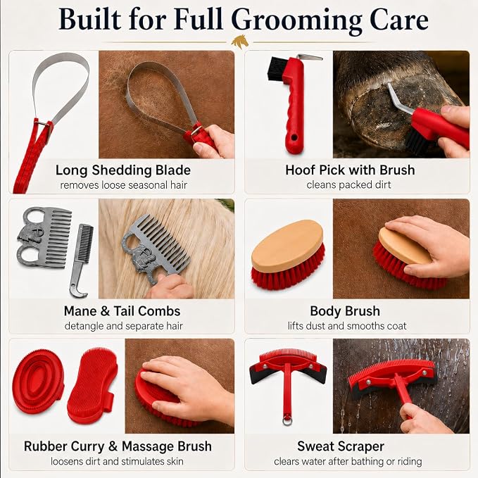 Horse Grooming Kit, 15-Piece Horse Brush Set with Red Tote Bag, Long Shedding Blade, Hoof Pick, Curry Comb, Sweat Scraper, Mane and Tail Comb, Gloves, Equine Grooming Supplies