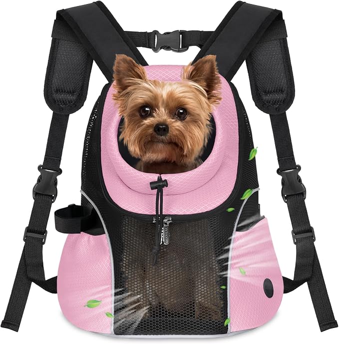 WOYYHO Pet Dog Carrier Backpack, Ventilated Mesh Small Dog Front Backpack | Breathable Puppy Back Pack, with Safety Belt, Storage Pockets, for Travel Hiking Cycling Outdoor Adventures, Pink, S
