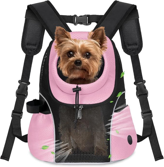 WOYYHO Pet Dog Carrier Backpack, Ventilated Mesh Small Dog Front Backpack | Breathable Puppy Back Pack, with Safety Belt, Storage Pockets, for Travel Hiking Cycling Outdoor Adventures, Pink, S