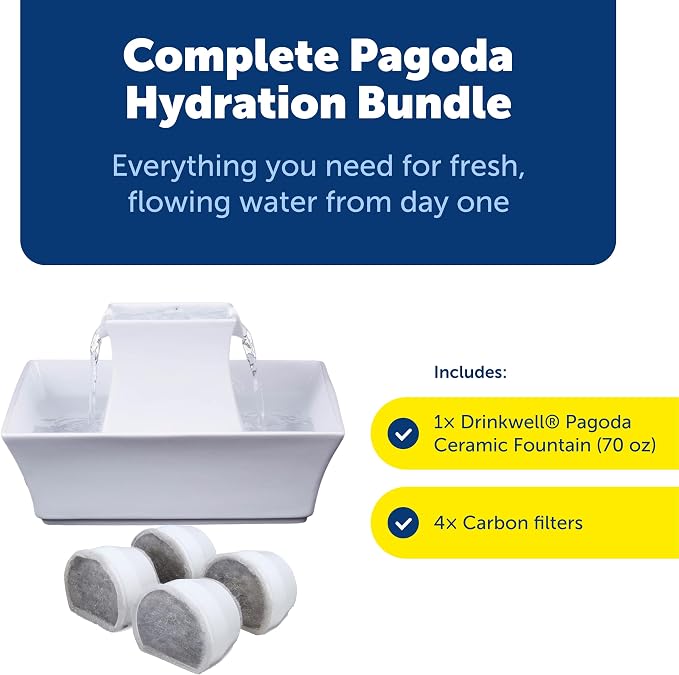 PetSafe Drinkwell Pagoda Fountain, 70 oz Ceramic, 4-Pk Filters Included | 2 Free-Falling Water Streams Encourage Hydration, Pet Water Fountain for Cats & Dogs, Includes 4 Carbon + 2 Foam Filters