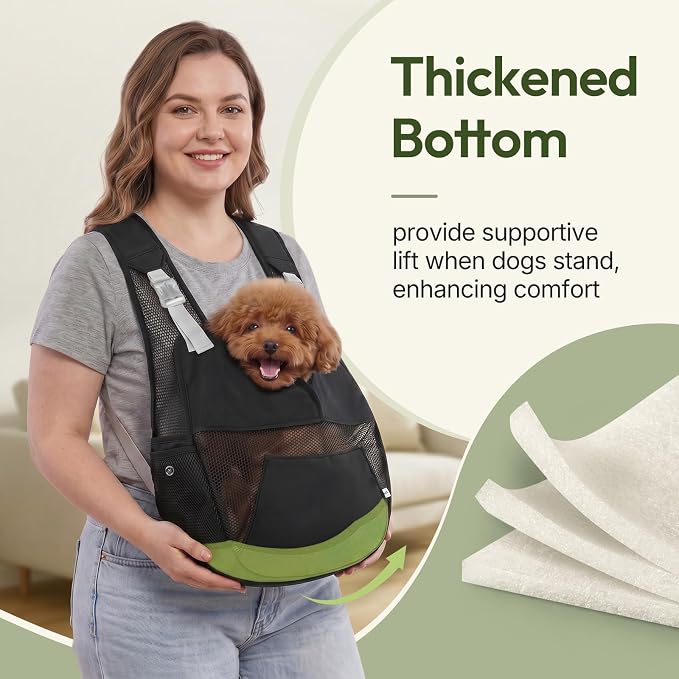 Dog Sling Carrier for Small Dogs with Thicken Bottom Support 10-18 lbs | Adjustable, Hands Free, Breathable Mesh, Comfortable, Lightweight, Vet Visits, Anxiety, Travel, Hiking, Safety Clip, Black