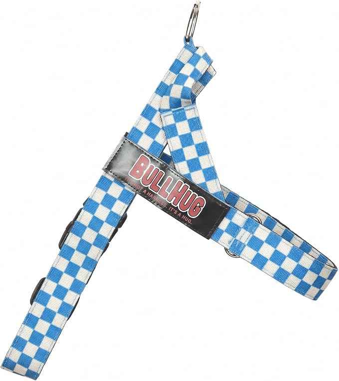Adjustable Dog Harness– No Pull, No Choke – for English Bulldogs, French Bulldogs, Pugs & Broad-Chested Breeds – Easy, Safe Walks (Blue Checkers, Medium)