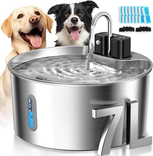 Voluas 7L Wireless Dog Water Fountain with 6 Filters, Stainless Steel | 236oz capacity, 4-layer filtration, ultra-quiet pump, water level window, easy clean for large dogs