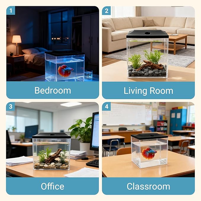 0.8-Gallon Cube Small Fish Tank, Shatterproof Plastic Fish Tank with LED Lighting, Temporary Fish Bowl for Fry, Isolation, Education & Decoration
