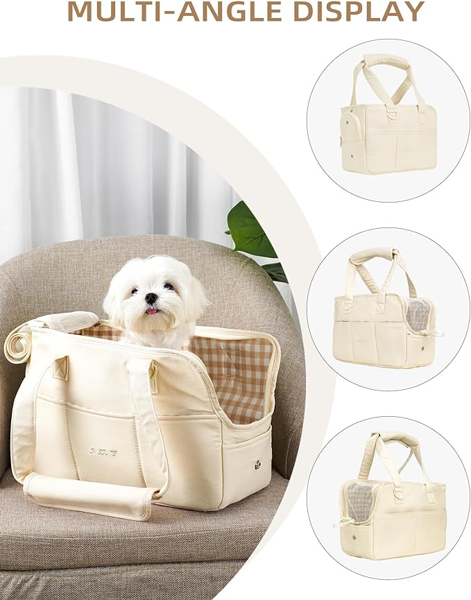 ONECUTE Dog Carrier for Small Dogs Rabbit cat with Large Pockets, Cotton Bag, Dog Carrier Soft Sided, Collapsible Travel Puppy Carrier (Beige, 17" L x 7.5" W x 12" H)