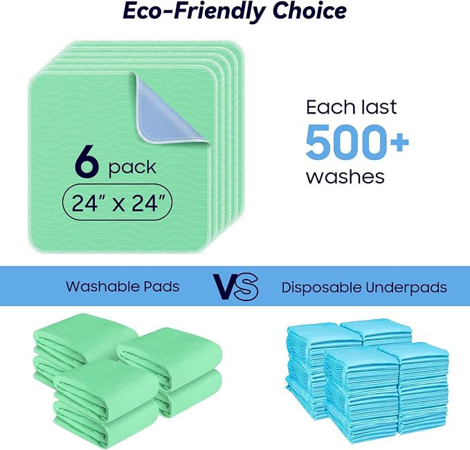 6 Pack 24” x 24” Extra Heavy Absorbency Washable Underpads Bed Pads | WaterProof Nursing Pads Incontinence, Reusable Washable Pee Pads for Dogs, Diaper Changing & Adults, Washable Puppy Pads