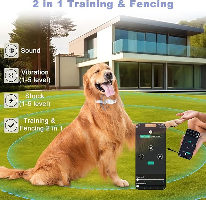 2-in-1 GPS Dog Fence & Training Collar – Wireless Electric Collar for Escape Prevention,Customizable Any-Shape Boundaries via App,Waterproof Pet Containment System for Backyard & Camping(Over 15 lbs)