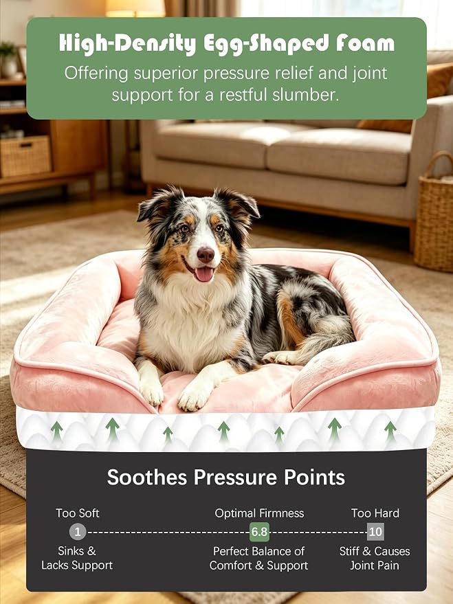 Spotted Play Orthopedic Dog Bed with Sides - Sofa Beds for Large Dogs, Supportive Foam Pet Couch Bed with Washable Removable Cover, Waterproof Lining and Non-Slip Bottom, Pink - L