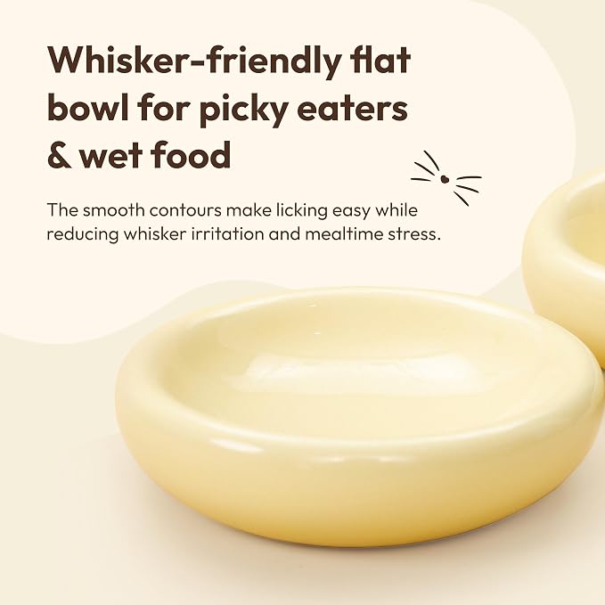 Pebble Pet Bowl Flat Yellow, Ergonomic Dog Cat Feeding Bowl, Flat-Faced Breed, Tilted Ceramic Pet Food Dish, Scooper Eater, Anti-Spill Design, Dishwasher Safe, Modern Pet Bowl, Dry & Wet Diet