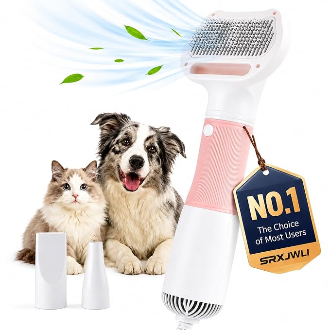 3 in 1 Pet Hair Dryers And Comb Brush High Velocity Blower for Dog Grooming | Portable Quiet Handheld Slicker with Steam Deshedding Intelligent Airflow System for Cats, Puppies and Professional(Pink)
