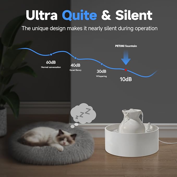 PETIMI Ceramic Cat Water Fountain, 3L/101 fl oz Ultra-Quiet Pet Water Fountain, Automatic Water Dispenser for Cats & Small Dogs, No Spill Cat Water Bowl, BPA-Free, 2 Filters Included, Easy to Clean