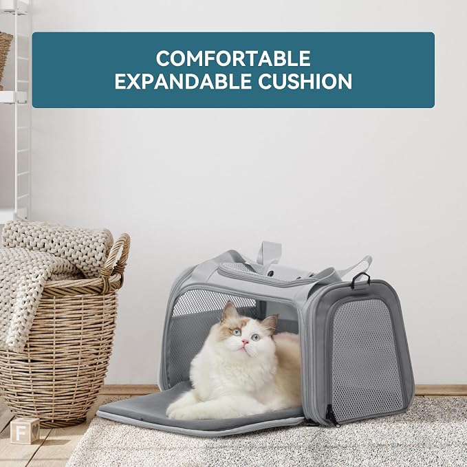 PETSFIT Cat Carrier, Grey, Small and Medium Cats Under 12 Lbs | Airline Approved, Soft Carrier, Soft Cat Travel Bag, Kitten Carrier with Extendable Mat