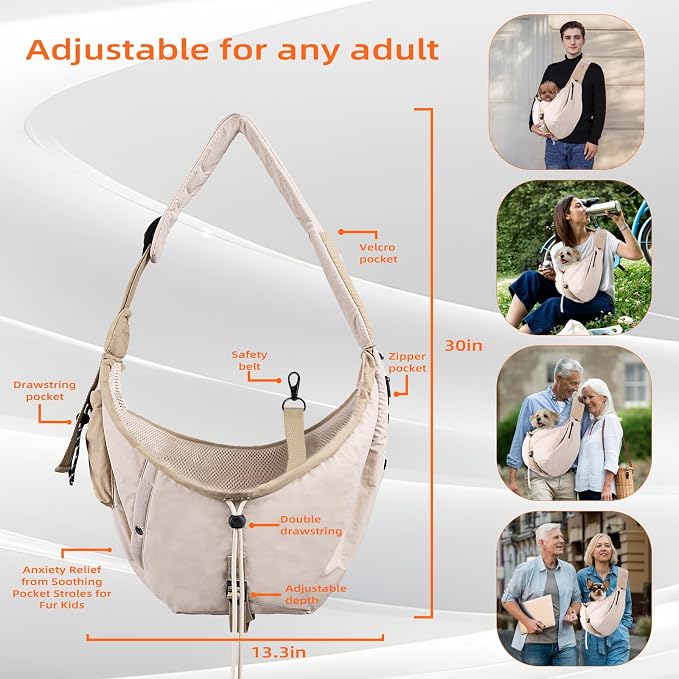 Dog Carrier Sling, Dog Carriers for Small Dogs Up to 20lbs, Beige | Puppy Sling, Cross Body Carrying Bag, Soft Front Pouch, Adjustable Shoulder Strap, Breathable Mesh Pet Backpack for Hiking