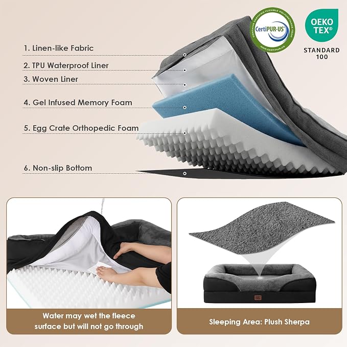 EHEYCIGA Orthopedic XL Dog Bed for Large Sized Dog, 42x30 Inch Extra Large Memory Foam Dog Couch Bed with Sides, Waterproof Liner & Washable Removable Cover, Bolster Pet Sofa, Grey/Black