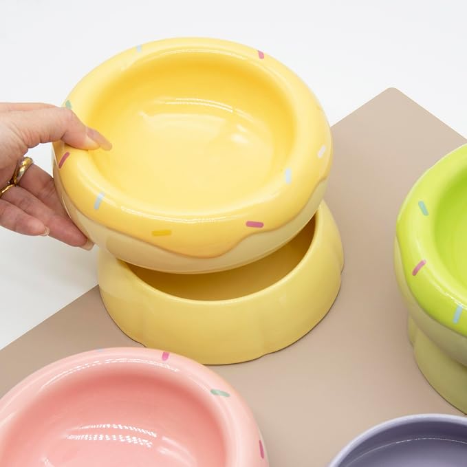 Donut Duo Ceramic Dog Bowl, Dog Water Bowl and Dog Food Bowl, Pet Bowls (Yellow)