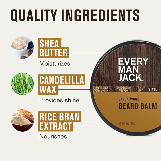 Every Man Jack Beard Care Gift Set for Men – Complete Grooming Kit with Beard Oil, Balm, Brush, Dual-Sided Comb, Trimming Scissors & Mustache Comb - Sandalwood Scent
