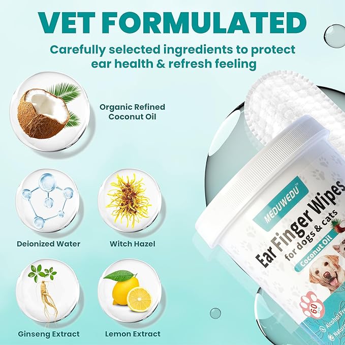 MEDUWEDU Ear Cleaner Finger Wipes 120 Counts, Dog Ear Cleaner, Grooming Kit Care for Dogs and Cats, Soft & Easy Otic Cleaning Pads, Remove Wax, Dirt & Stop Smelly, Itchy, Non-Irritating, Unscented