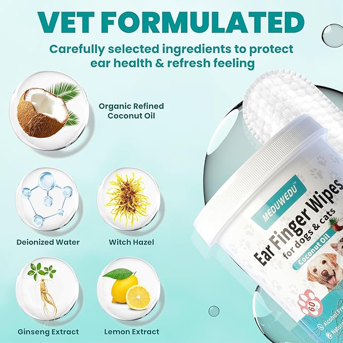 MEDUWEDU Ear Cleaner Finger Wipes 60 Counts, Dog Ear Cleaner, Grooming Kit Care for Dogs and Cats, Soft & Easy Otic Cleaning Pads, Remove Wax, Dirt & Stop Smelly, Itchy, Non-Irritating, Mint Scent