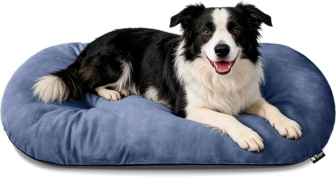 Washable Oval Large Dog Bed, Silver-Tipped High-Resilience, Dusty Blue | Non-Slip Bottom Prevents Sliding, Soft Plush Short Fur, Machine Washable, Ideal for Crates/Apartments/Cozy Nooks,35"x22"x3.2"
