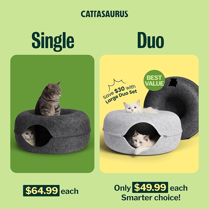 Peekaboo Cat Cave Donut for Multiple & Large Cats up to 30-45 lbs, 3-in-1 Self Warming Cat Bed, Tunnel & Scratcher for Indoor Cats, Washable & Detachable (Light Gray + Dark Gray, Large)
