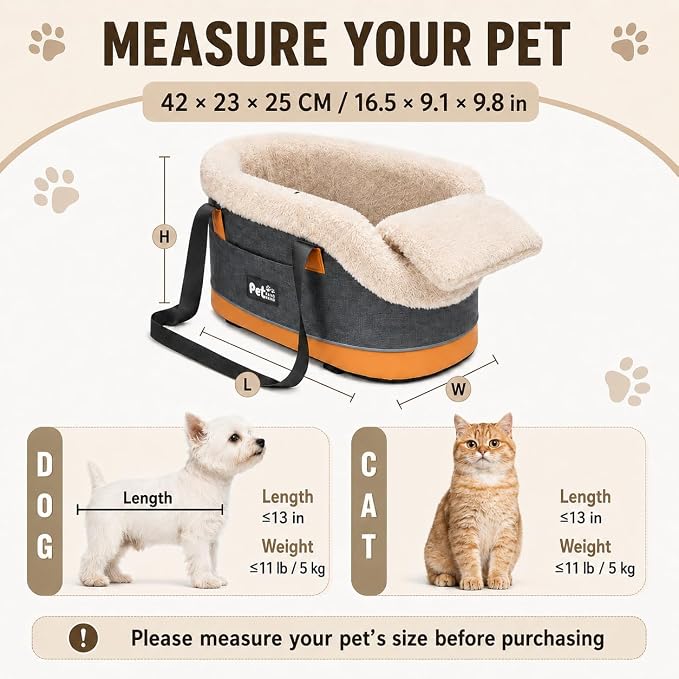 Pet Car Center Console Elevated Armrest Car Seat for Small Puppy, Dogs & Cats (Up to 10 lbs) – Dark Gray Washable Plush Carrier with Safety Leash, Fits Front Vehicle Console Space (Dark Grey)