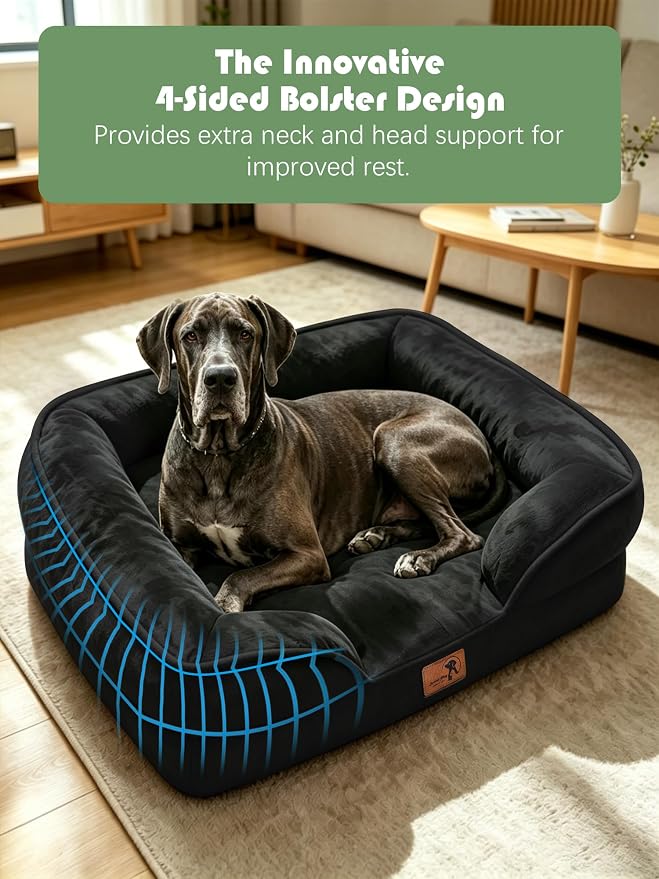 Spotted Play Orthopedic Dog Bed with Sides - Sofa Beds for Extra Large Dogs, Supportive Foam Pet Couch Bed with Washable Removable Cover, Waterproof Lining and Non-Slip Bottom, Black - XXL