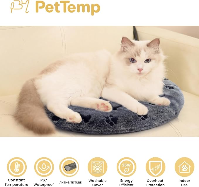 Pet Heating Pad for Cats Dogs Indoor & Sheltered Outdoor Waterproof Heated Cat Bed Heated Dog Bed Chew Resistant Cord Constant Temperature Gray Paw Print Round 16 Inch