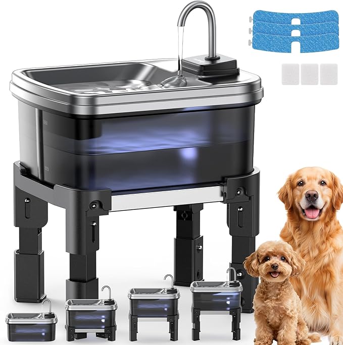 9L/2.38Gal Dog Water Fountain Elevated with 4-Height Adjustable Stand, FeelNeedy Large Pet Water Dispenser with Durable Ultra-Quiet Pump & 304 Stainless Steel Tray, Water Fountain for Dogs Indoor