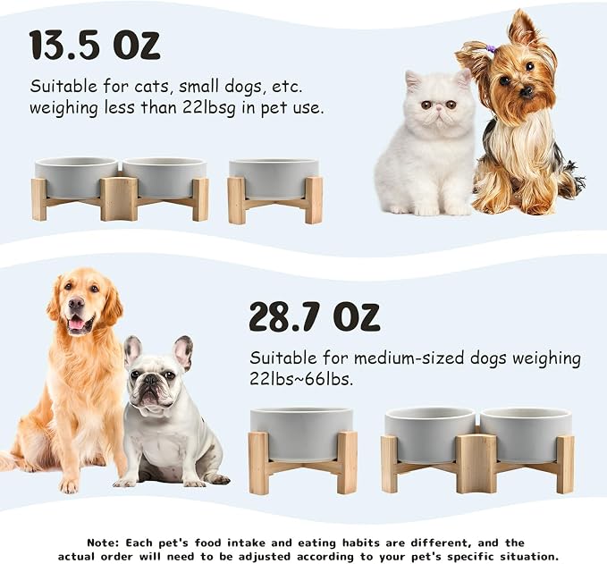 SPUNKYJUNKY 15° Slanted Ceramic Dog and Cat Bowl with Wooden Stand, Tilted Bulldog Food and Water Bowl No Slip Non-Spill for Cats Medium Dogs Big Face Pets 28.7 OZ (3.6 Cups, Grey × 2)