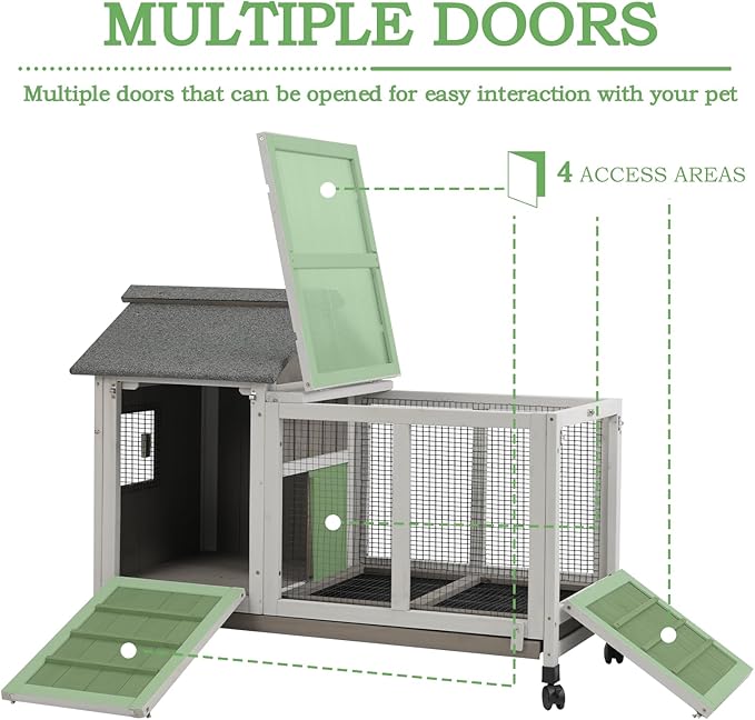 Gowoodhut 38.19"L Rabbit Hutch Indoor and Outdoor with 4 Wheels,Wooden Rabbit Cage with Pull Out Leak-Proof Tray for 1-2 Rabbits,Bunny Hutch with Asphalt Roof Suitable for Garden,Park,Living Room,Grey