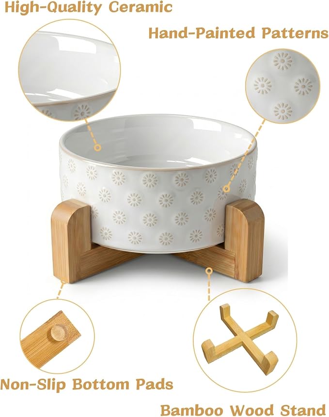 TRUVIC Ceramic Dog Bowl with Wood Stand, Jun Blanc Daisy Relief Dog Food and Water Bowl, 2 Cup/14 oz Puppy Food Bowl for Medium Dogs, Dishwasher Safe, Modern Geometric, Daisy