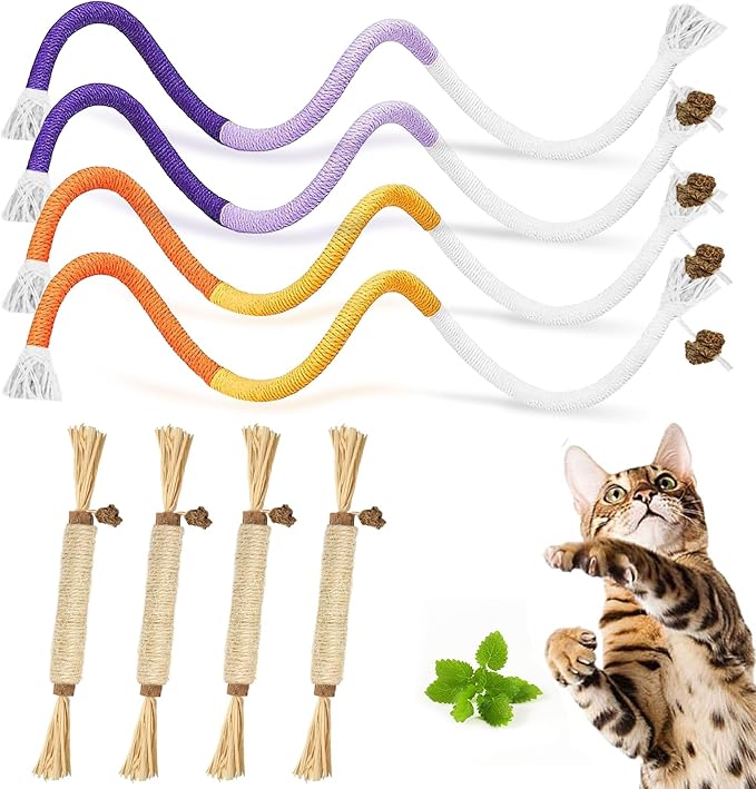 Tocirelo Silvervine Sticks for Cats & Cat Chew Rope - 8Pcs Natural Cat Chew Toy Teeth Cleaning for Bored Indoor Adult Cats, Matatabi Dental Care Kitten Treat Teething Toys, Silver Vine Cat Chew Stick